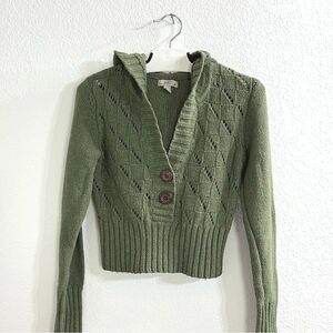 SO Lounge Hoodie Womens Open Knit, Army Green Cropped Wool Pullover
